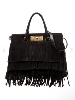 Yves Saint Laurent Black Suede Fringe Satchel with Gold Hardware